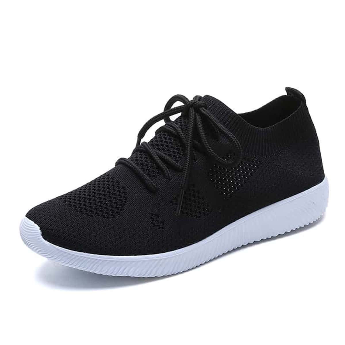 Solid Lace-up Knit Sneakers, Black