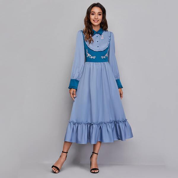 

Frilled Floral Embroidered Ruffle Hem Colorblock Dress, Dusty blue