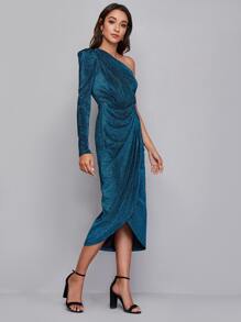 Modelyn One Shoulder Wrap Hem Glitter Dress