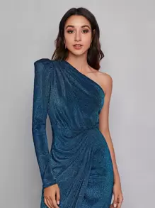 Modelyn One Shoulder Wrap Hem Glitter Dress