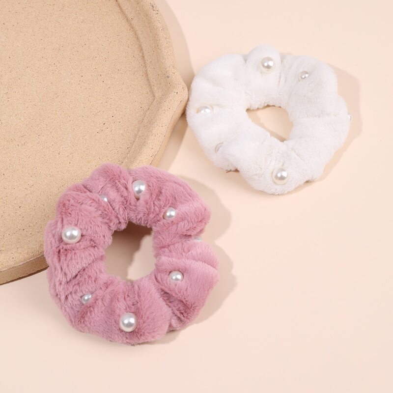 

2pcs Faux Pearl Decor Fluffy Scrunchie, Multicolor