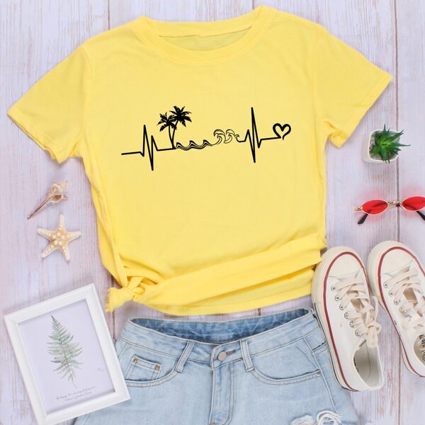 

Heart And Tropical Print Tee, Yellow