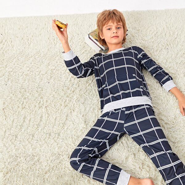 

Boys Kangaroo Pocket Plaid PJ Set, Navy blue