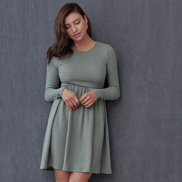 

Solid Waffle Knit Dress Without Belt, Mint green