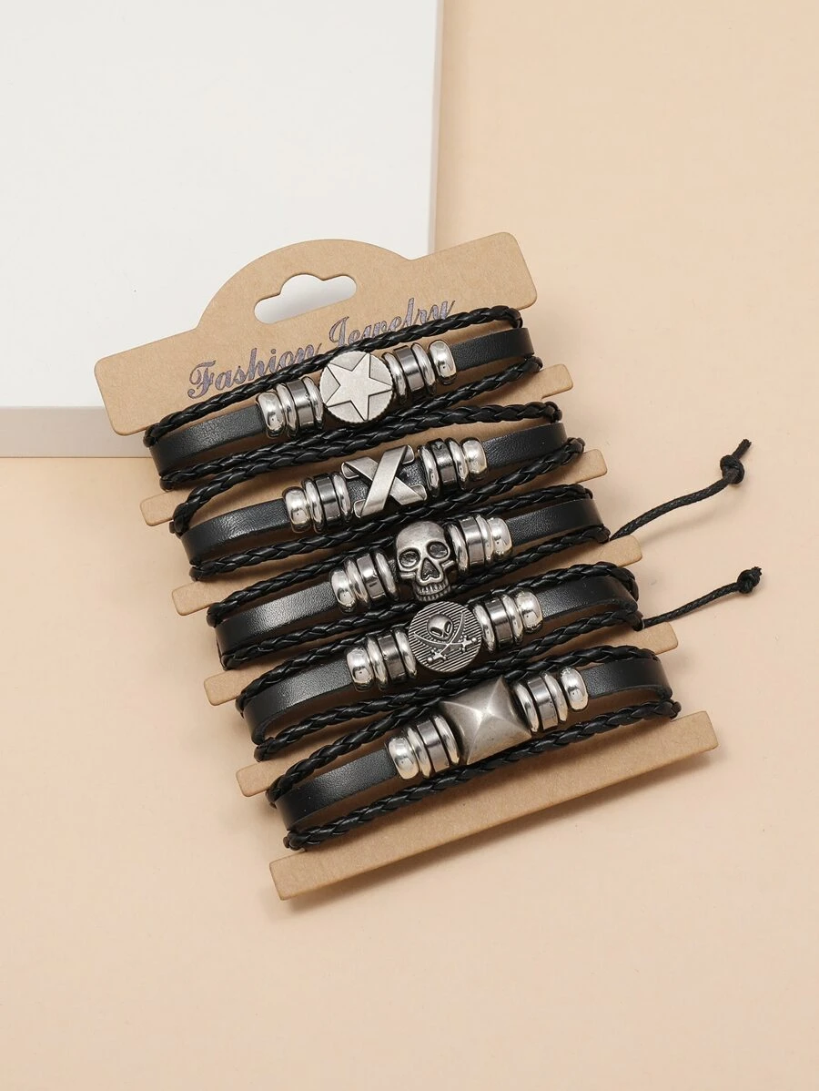 Fashionable and Popular 5pcs Men Skull Decor Bracelet PU for Jewelry Gift and for a Stylish Look - Black - View 1