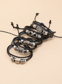 Fashionable and Popular 5pcs Men Skull Decor Bracelet PU for Jewelry Gift and for a Stylish Look - Black - View 3