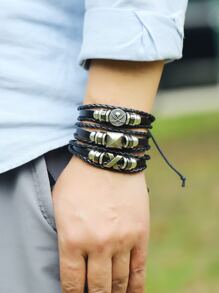 Fashionable and Popular 5pcs Men Skull Decor Bracelet PU for Jewelry Gift and for a Stylish Look - Black - View 6