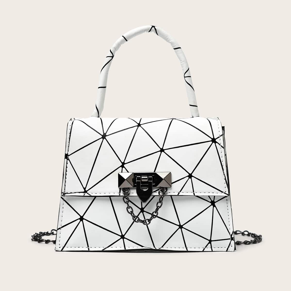 

Geometric Line Satchel Bag, White