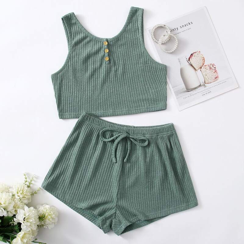 

Rib-knit Half Button Knot Lounge Set, Green
