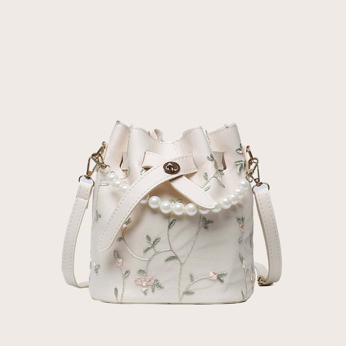 

Flower Embroidery Bucket Bag, White