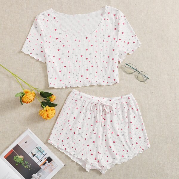 

Ditsy Floral Lettuce Trim Pajama Set, White