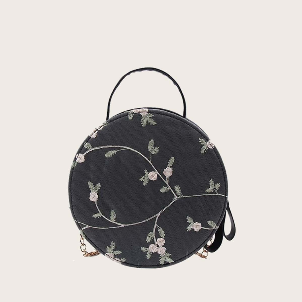 

Flower Embroidery Round Bag, Black