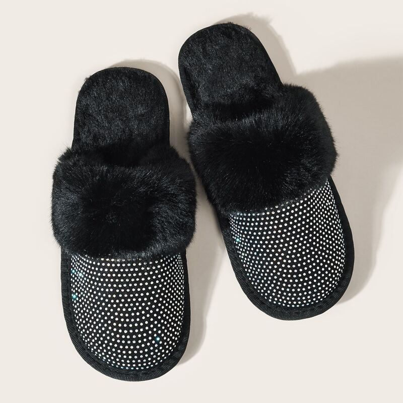 

Rhinestone Decor Fluffy Slippers, Black