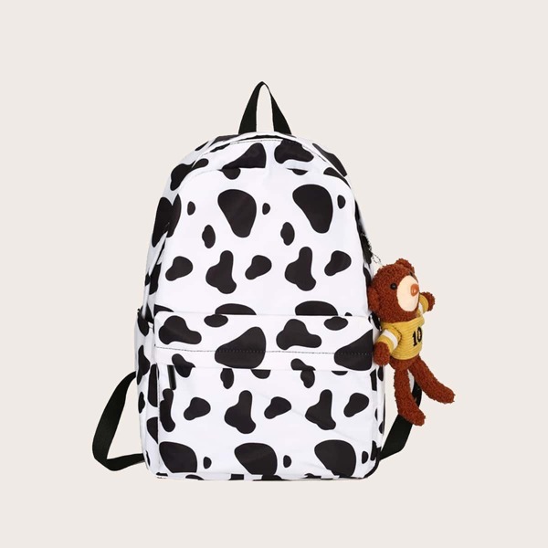 

Bear Charm Cow Pattern Backpack, Black and white