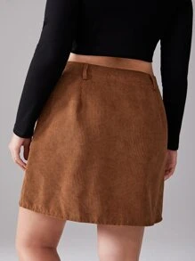 SHEIN Unity Plus Button Through Corduroy Skirt - Brown - View 2