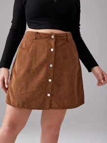 SHEIN Unity Plus Button Through Corduroy Skirt - Brown - View 4
