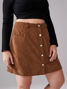 SHEIN Unity Plus Button Through Corduroy Skirt - Brown - View 5