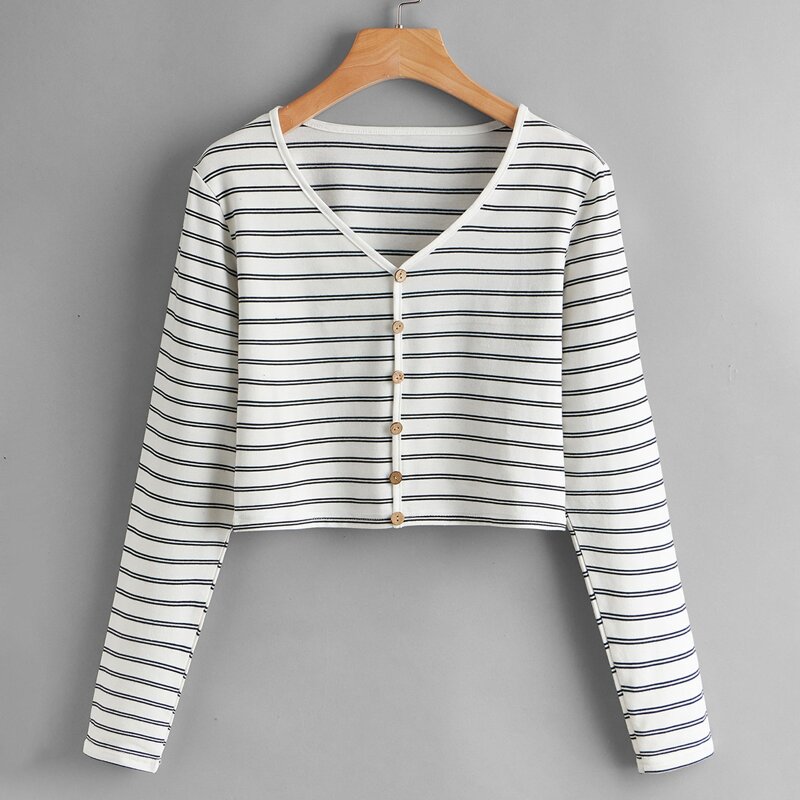 

Striped Button Front Crop Tee, Black and white