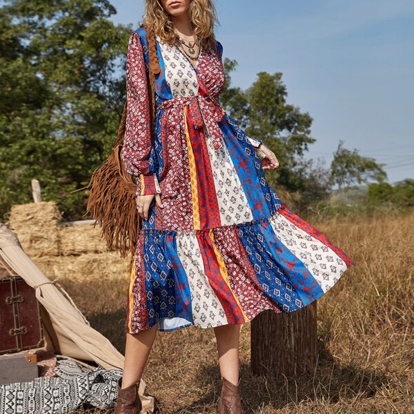 

Floral Surplice Front Belted Ruffle Hem Dress, Multicolor