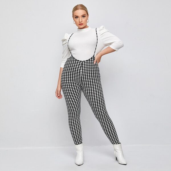 

Plus Houndstooth Unitard Suspender Jumpsuit, Black and white