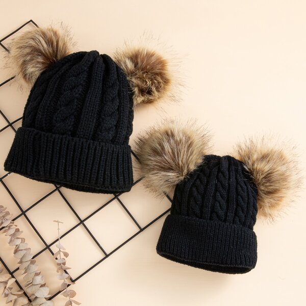 

2pcs Toddler Parent-kids Pom Pom Decor Beanie, Black