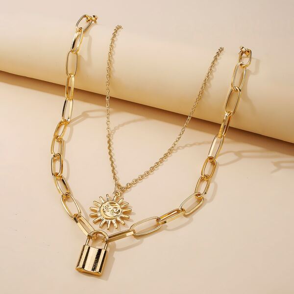 

2pcs Lock Pendant Necklace, Gold