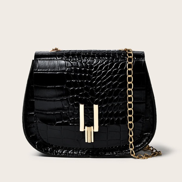 

Croc Embossed Chain Saddle Bag, Black
