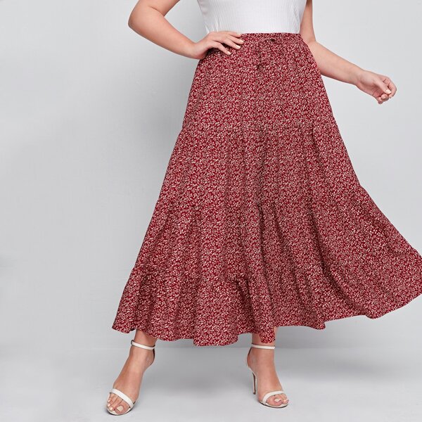 

Plus Ditsy Floral Print Tiered Skirt, Red and white