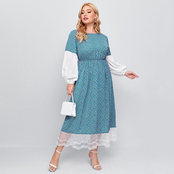

Plus Contrast Schiffy Lantern Sleeve Lace Hem Ditsy Floral Dress, Multicolor