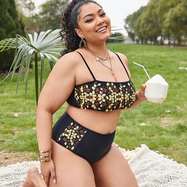 

Plus Plant Embroidered High Waisted Bikini Swimsuit, Black