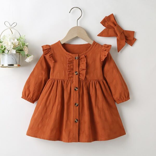 

Baby Girl Ruffle Trim Smock Dress With Headband, Burnt orange