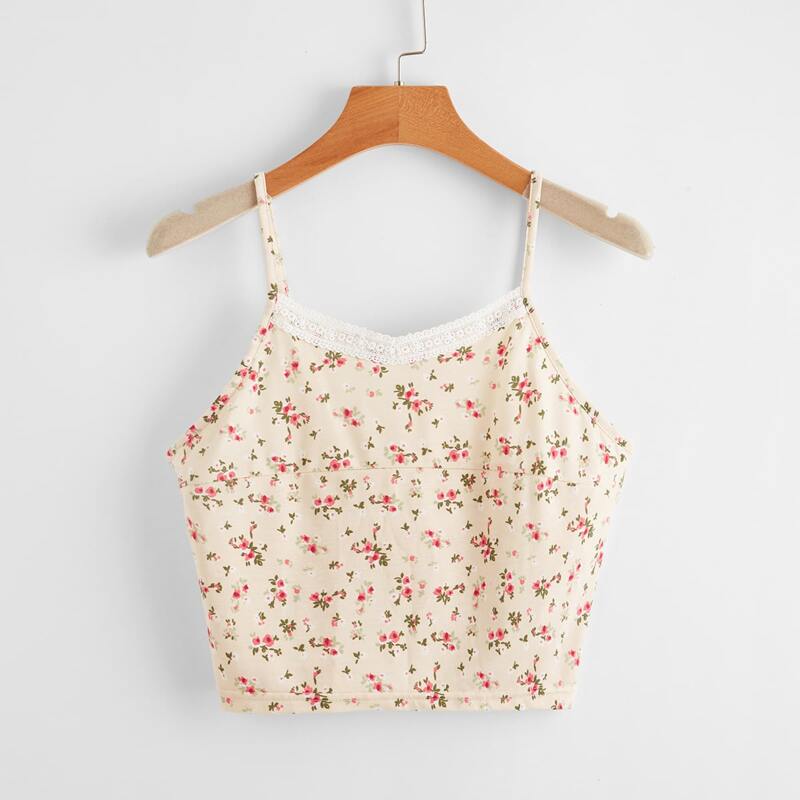 

Ditsy Floral Lace Trim Crop Cami Top, Multicolor