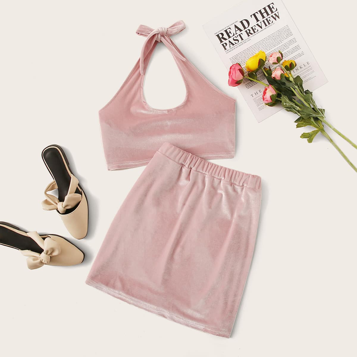 

Solid Velvet Halter Top & Skirt, Baby pink
