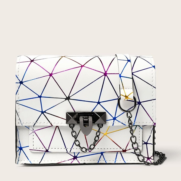

Chain Decor Geometric Graphic Flap Crossbody Bag, White