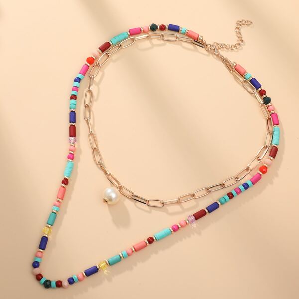 

Faux Pearl Pendant Layered Necklace, Multicolor