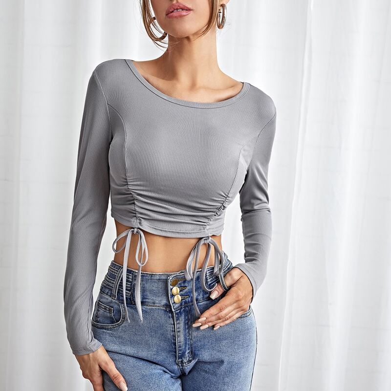 

Ribbed Drawstring Front Crop Tee, Grey