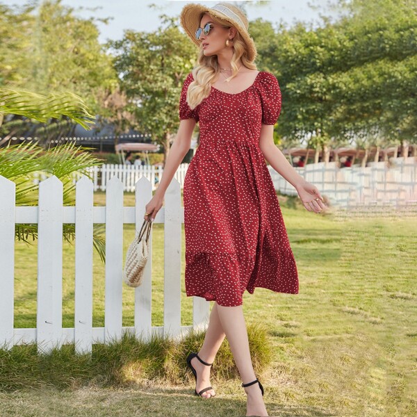 

Polka Dot Ruffle Hem A-line Dress, Burgundy