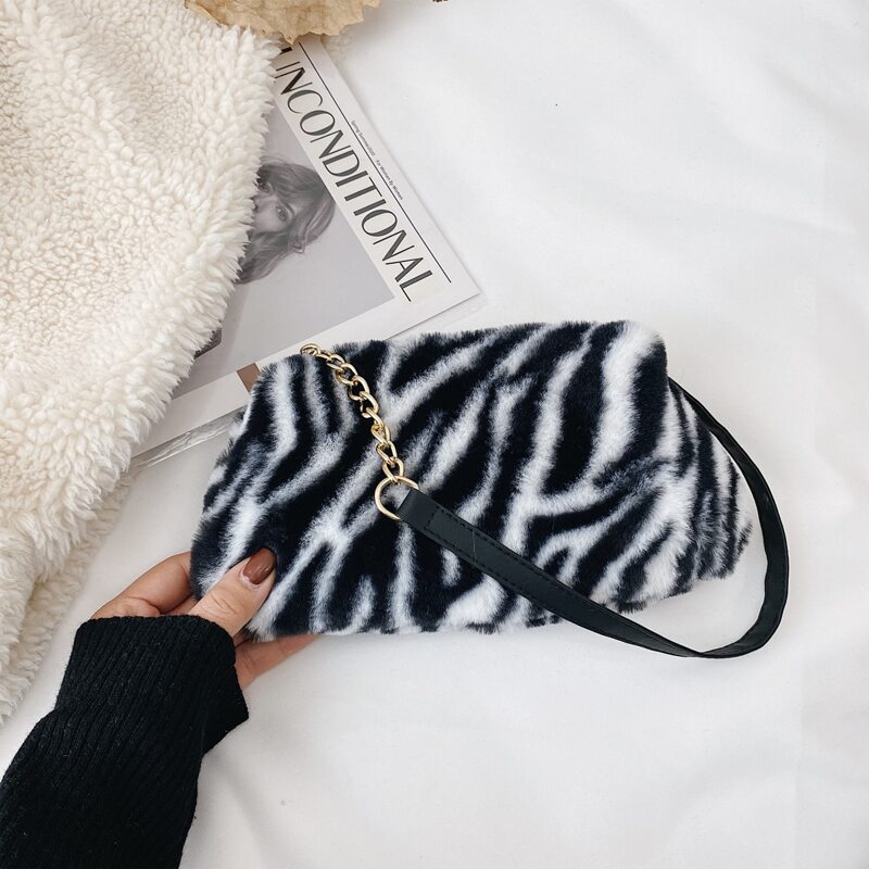 

Zebra Striped Fluffy Shoulder Bag, Black and white