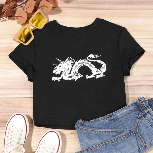 

Chinese Dragon Graphic Crop Tee, Black