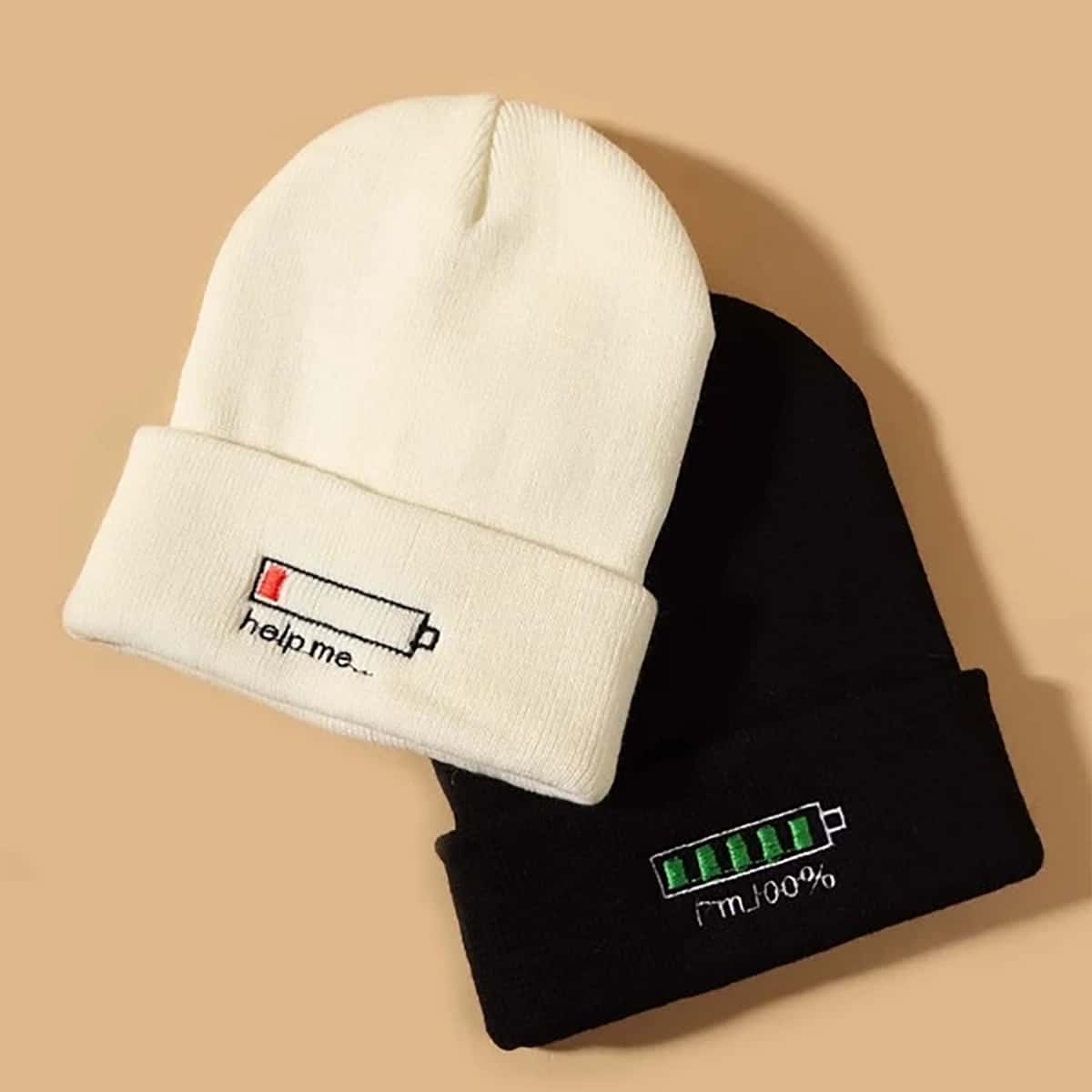

2pcs Guys Graphic Embroidery Beanie, Black and white