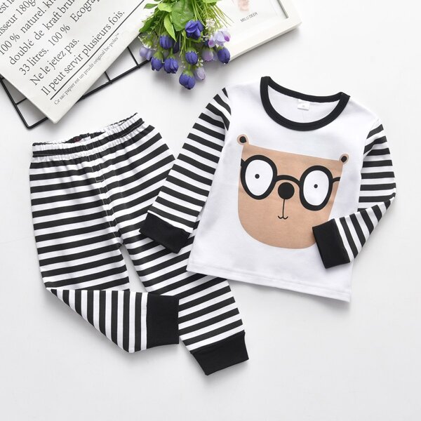 

Toddler Boys Striped & Cartoon Graphic PJ Set, Black and white