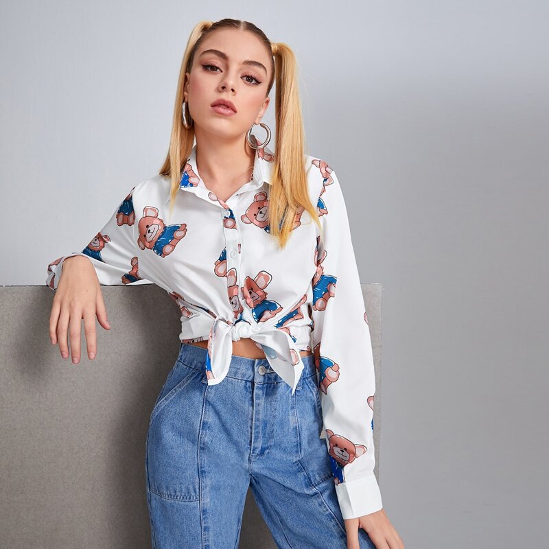 

Bear Print Button Front Blouse, White