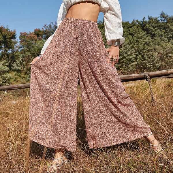 

Allover Print Wide Leg Pants, Red and white