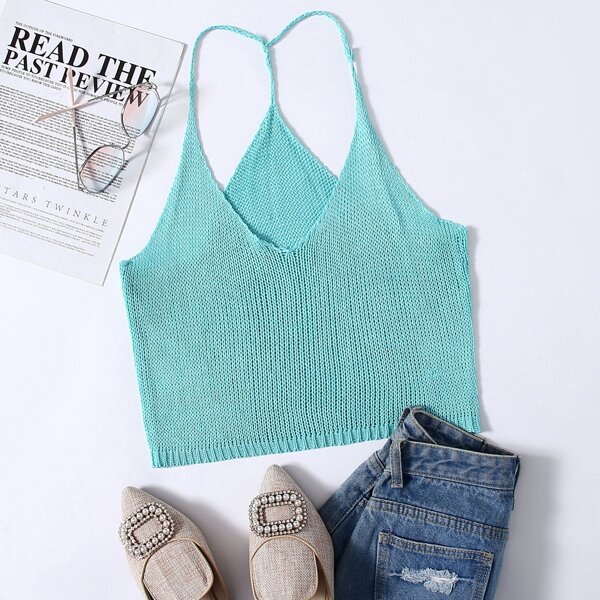 

Solid Knit Crop Top, Mint blue