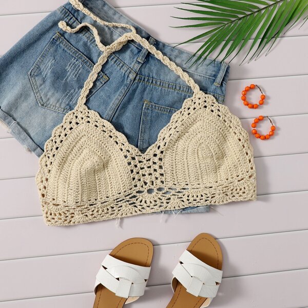 

Halterneck Tie Back Crochet Cover Up Top, Apricot