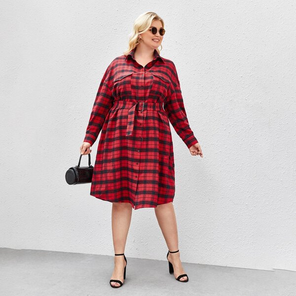 

Plus Flap Detail Self Buckle Belted Tartan Shirt Dress, Multicolor