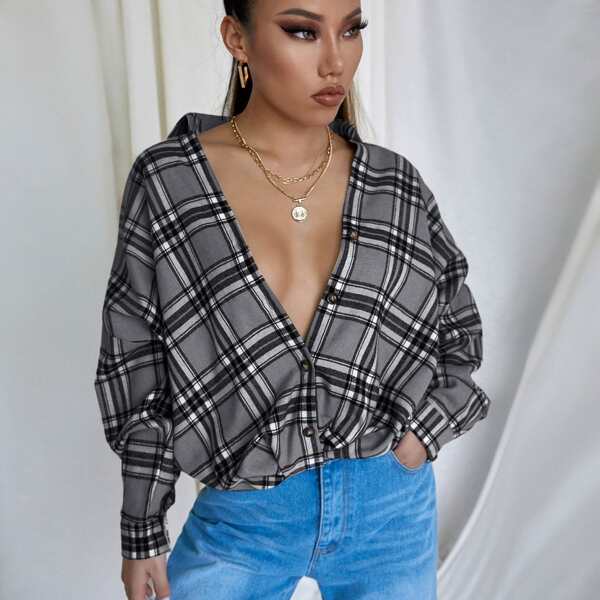 

Plaid Drop Shoulder Button Up Blouse, Multicolor