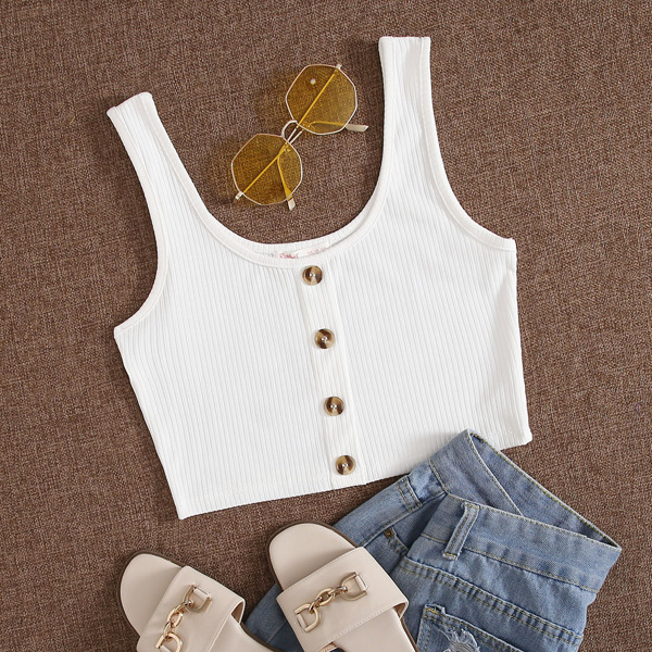 

Plus Button Front Rib-knit Tank Top, White
