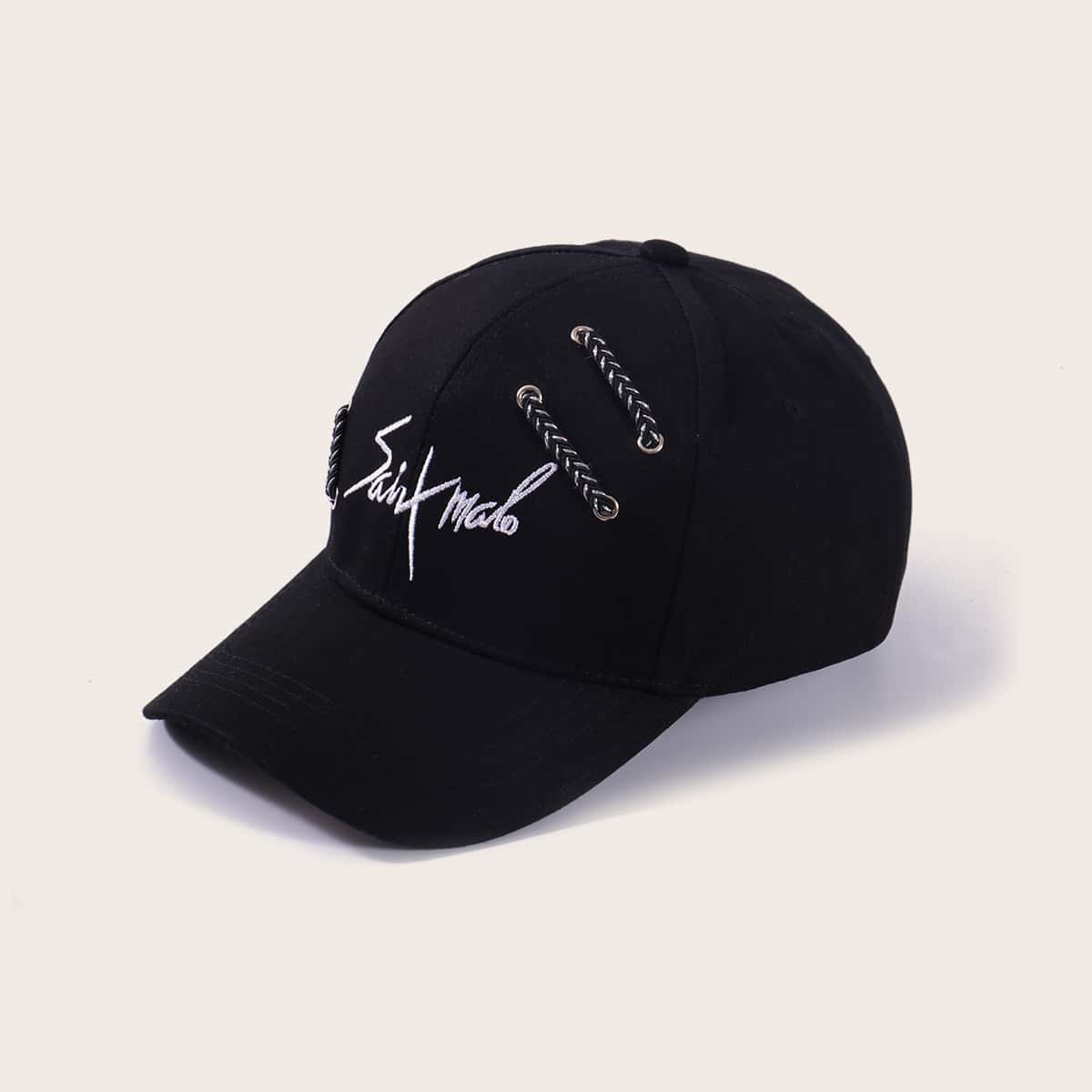

Letter Embroidery Grommet Baseball Cap, Black