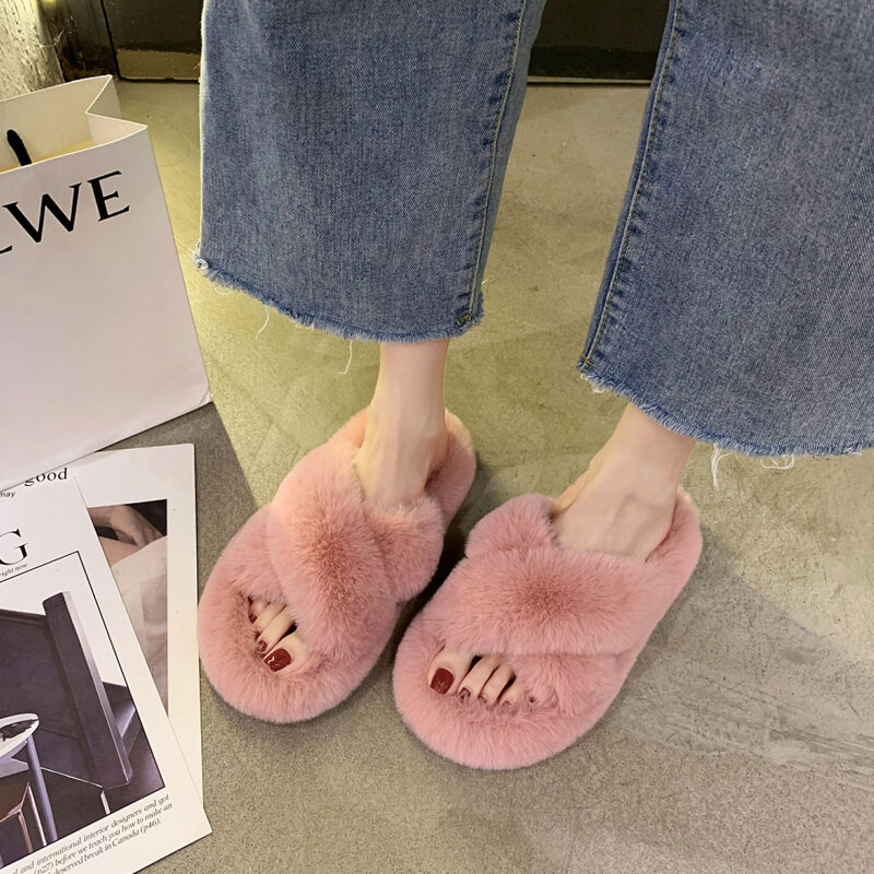 

Solid Cross Strap Fluffy Slippers, Dusty pink